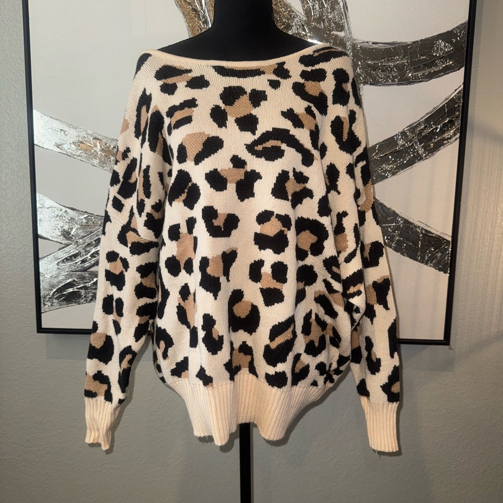 Leopard Print Cozy Oversized Sweater - Cream/Tan/Black